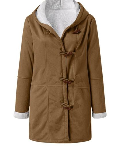 Full Size Pocketed Long Sleeve Hooded Toggle Jacket Stevvex brown with white fleece lining on Tampa Home & Garden Store