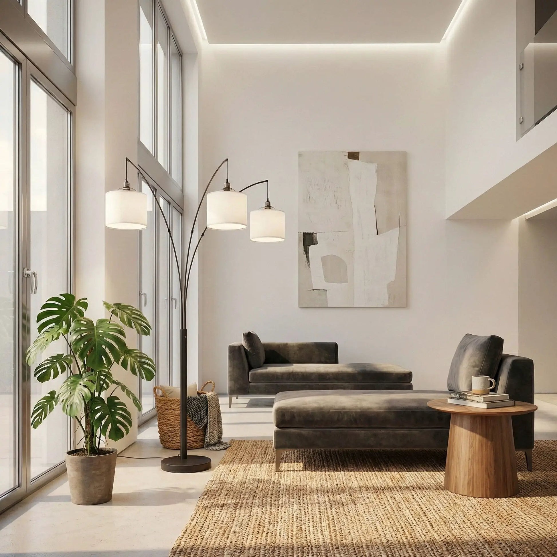 Royal 3-Arm Arc Floor Lamp in oil-bronze with linen shade 4-way switch Unique Piece Furniture on Tampa Home & Garden Store