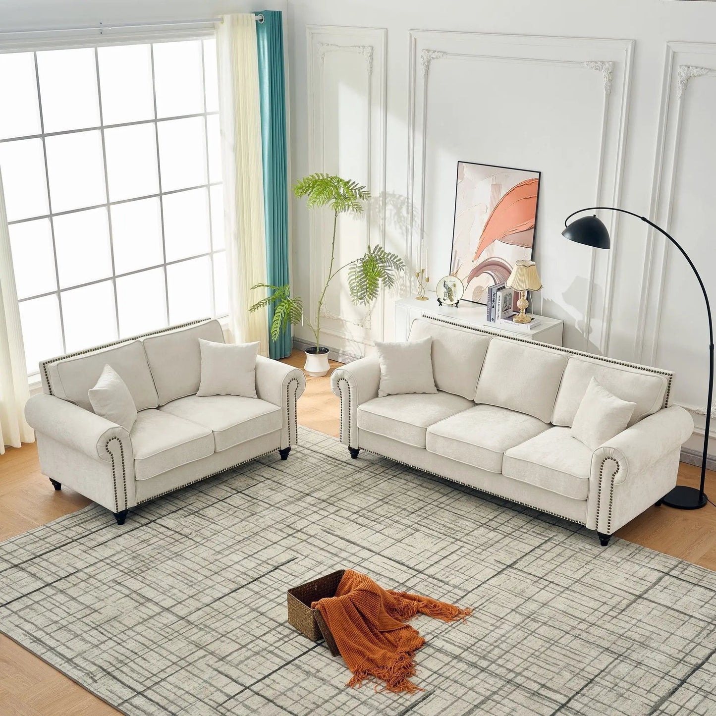 3 Seater sofa with tufted gray fabric, rolled arms, nailhead trim by Unique Piece Furniture on Tampa Home & Garden Store