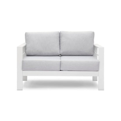 All-Weather Patio Loveseat by HouseOfZazla with thick gray cushions and white frame on Tampa Home & Garden Store
