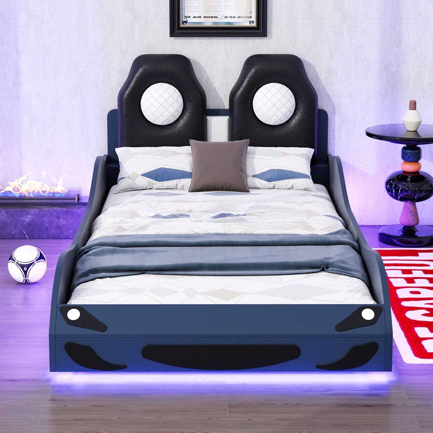 Race car shaped platform bed with LED lights and upholstered backrest in dark blue on Tampa Home & Garden Store
