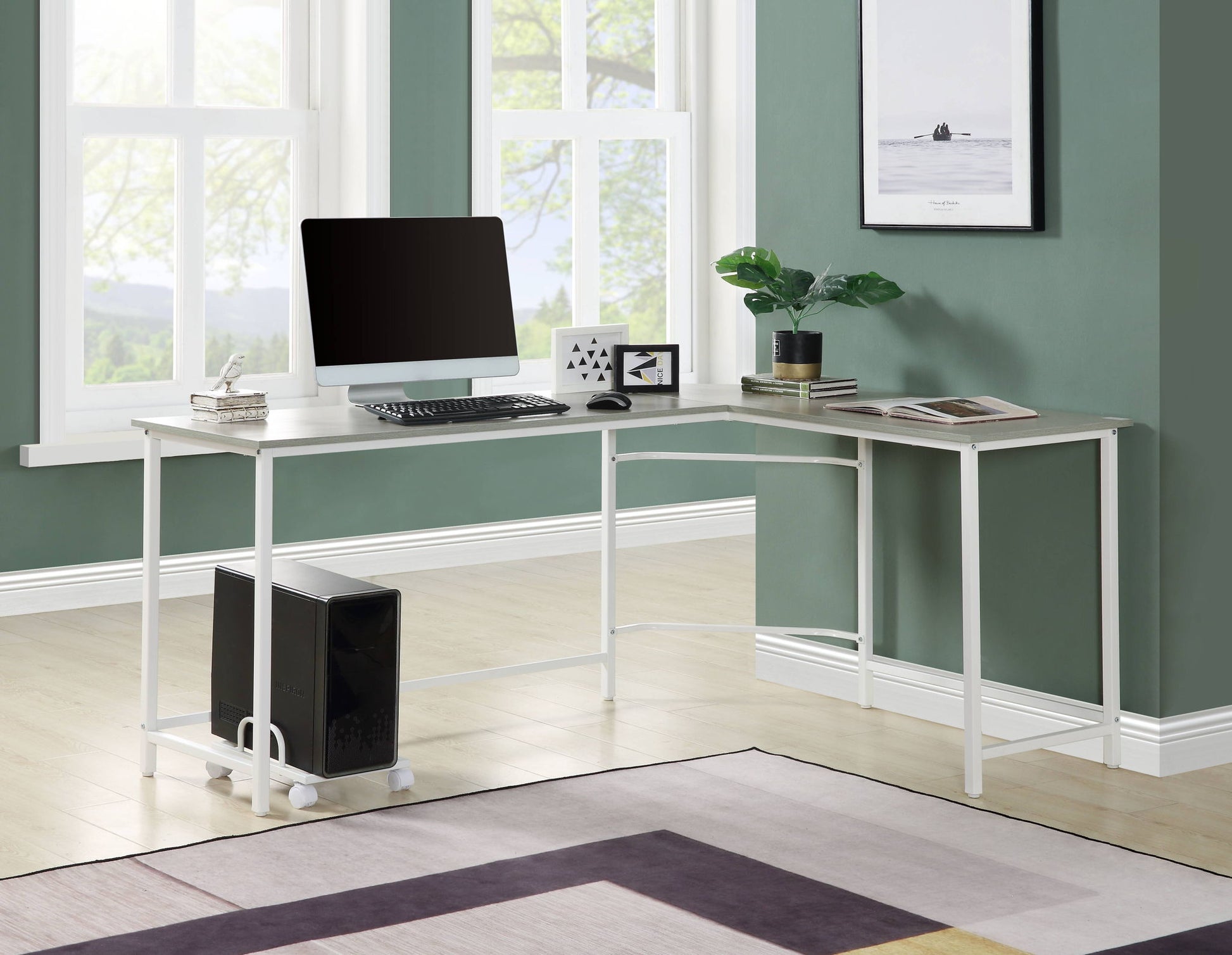 Bambina Computer Desk, white metal-frame corner desk with monitor in a green office on Tampa Home & Garden Store