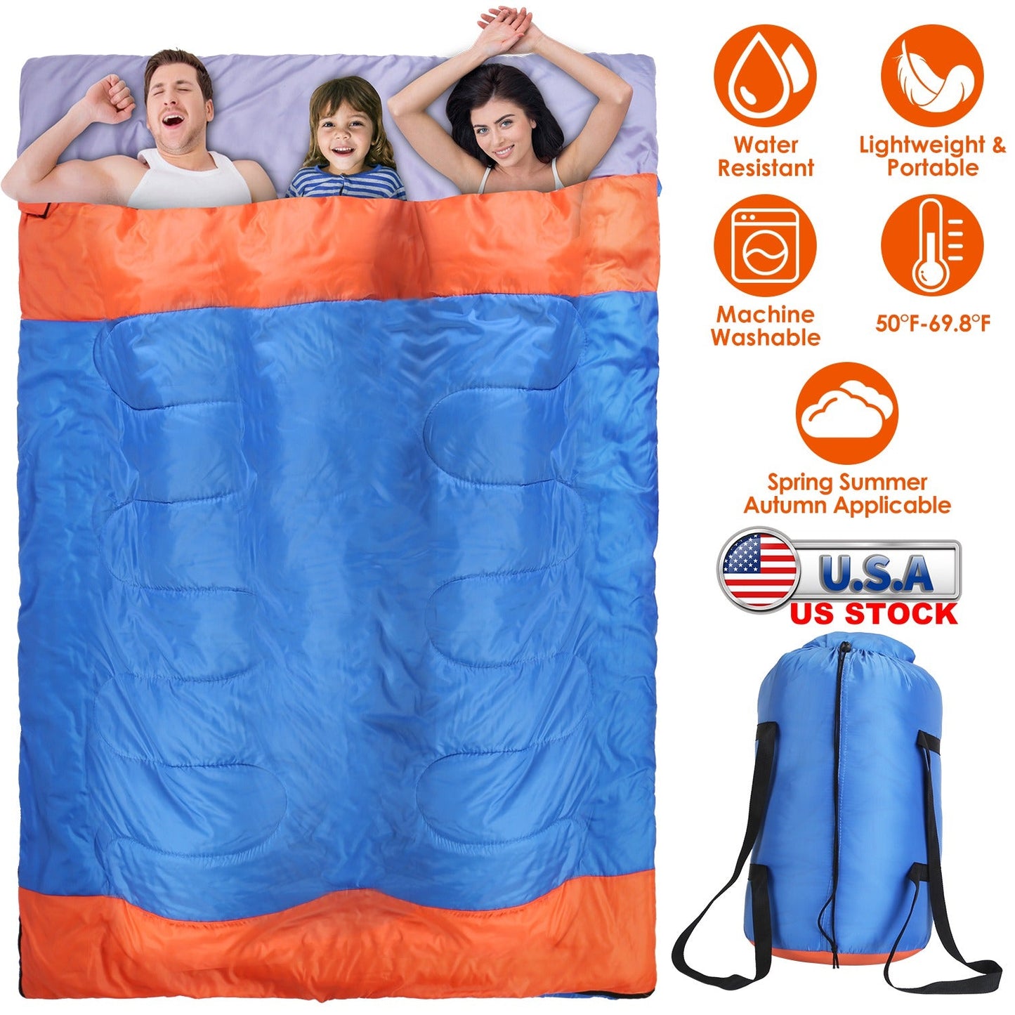 GemGear 3-person sleeping bag for outdoor camping blue/orange, lightweight with carry sack on Tampa Home & Garden Store