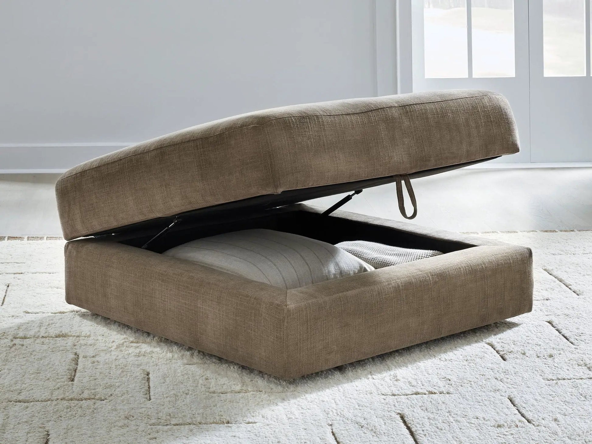 Camellia-Court storage ottoman in coffee fabric with lid lift by Unique Piece Furniture on Tampa Home & Garden Store