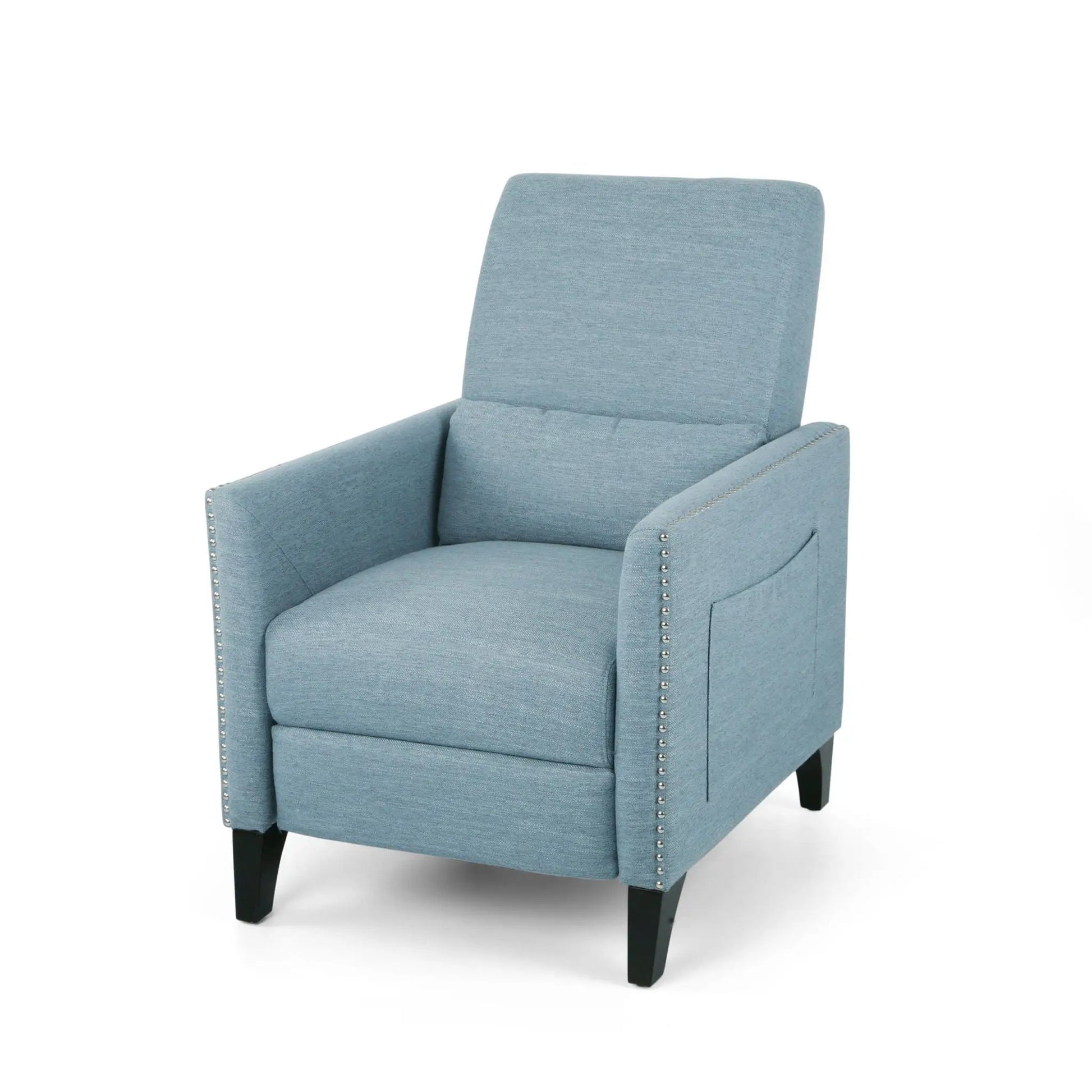 Repose Upholstered Recliner Chair with Nailhead Trim, light blue fabric by Unique Piece Furniture on Tampa Home & Garden Store
