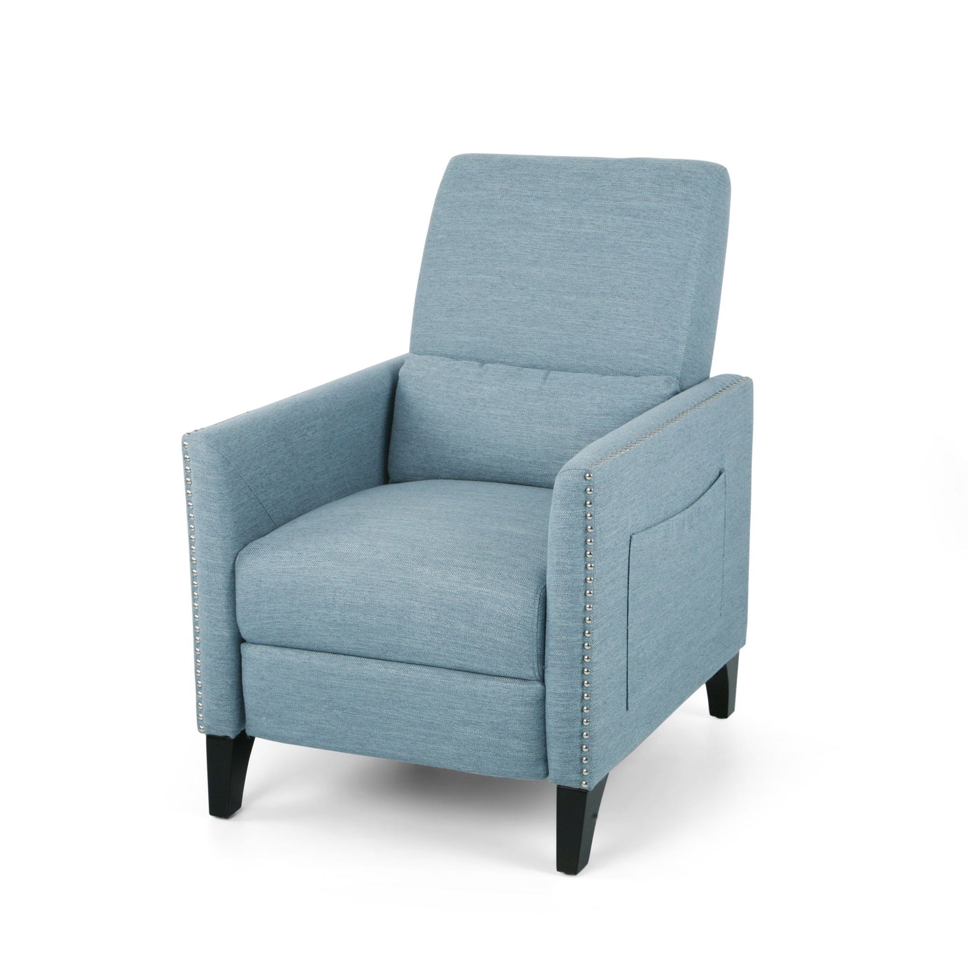 Repose Upholstered Recliner Chair in light blue with nailhead trim and side pocket on Tampa Home & Garden Store