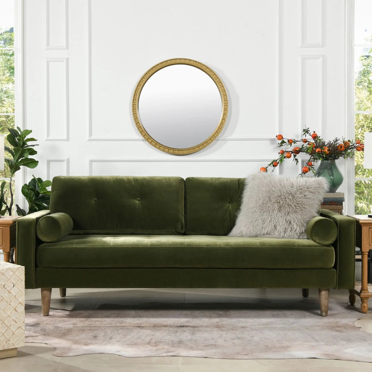 Nicholas Mid-Century Modern Sofa olive green velvet, stationary sofa by Unique Piece Furniture on Tampa Home & Garden Store