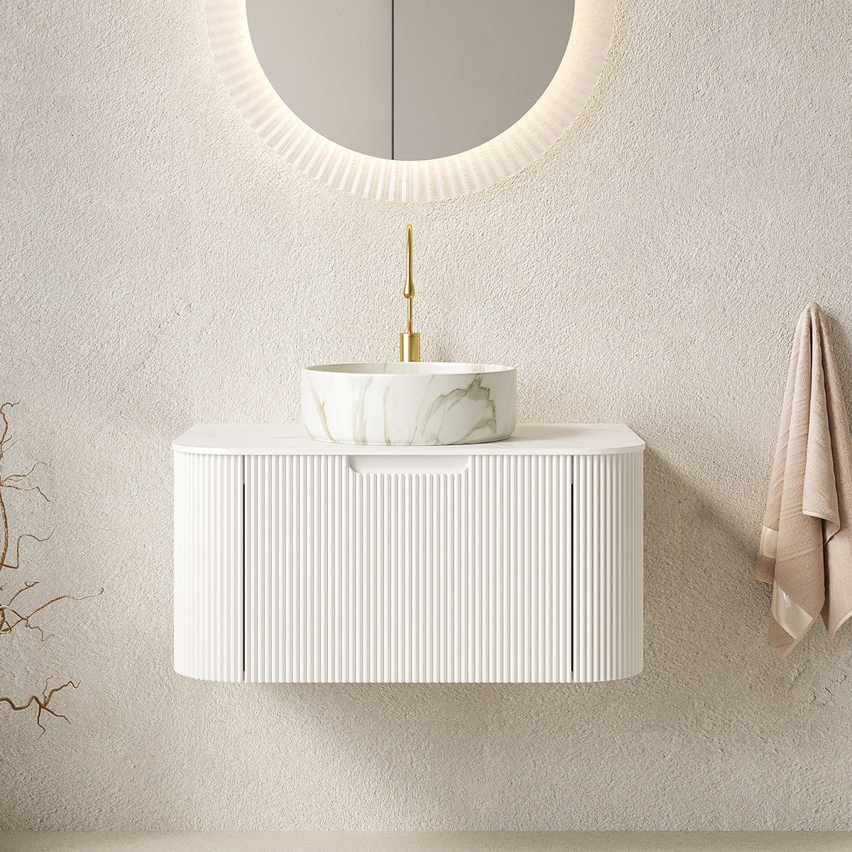 Modern Bath Vanity with ceramic basin and white ribbed cabinet, gold faucet on Tampa Home & Garden Store