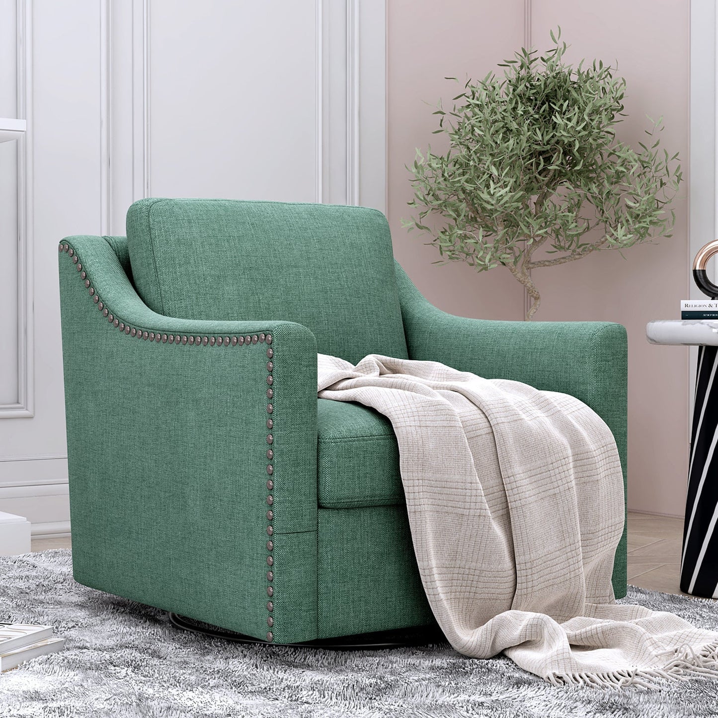 360 Degree Swivel Armchair in emerald cotton-linen with brass nail detailing, chair on Tampa Home & Garden Store