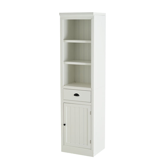 Retro style 75in tall white display cabinet with open shelves and lower drawer by HouseOfZazla on Tampa Home & Garden Store