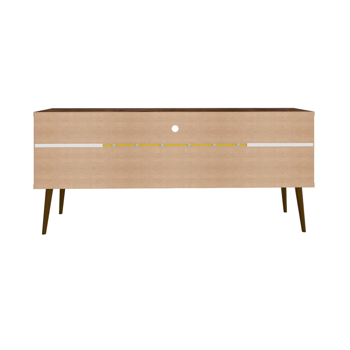Modern Design TV Stand with concealed storage in natural wood, white and yellow accents, legs on Tampa Home & Garden Store