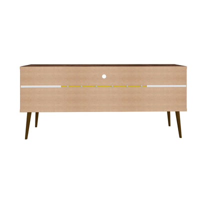 Modern Design TV Stand with concealed storage in natural wood, white and yellow accents, legs on Tampa Home & Garden Store