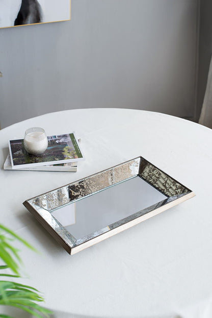 Antique rectangle mirror tray with floral metal edges and a wood base on Tampa Home & Garden Store