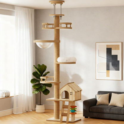 Floor-to-ceiling cat tree by HouseOfZazla, sisal rope column, circular platforms and condo cave on Tampa Home & Garden Store