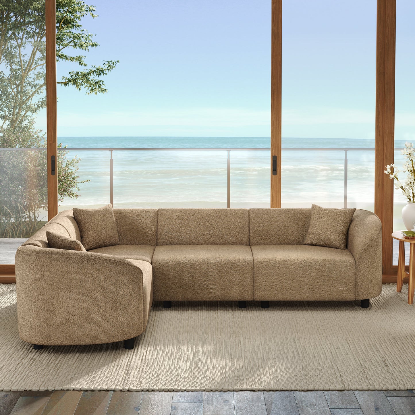 Modern Curved L Shaped Sofa With A Camel Cushion