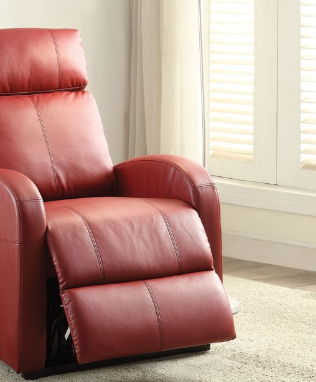 Ricardo Power Motion Recliner With Lift red leather recliner in bright living room on Tampa Home & Garden Store