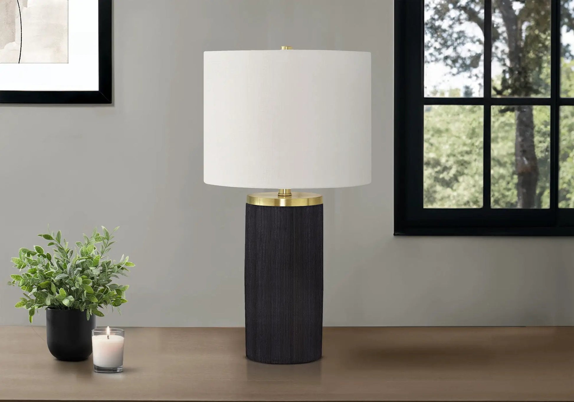 Table lamp with black concrete base and white shade, brass accents by Unique Piece Furniture on Tampa Home & Garden Store