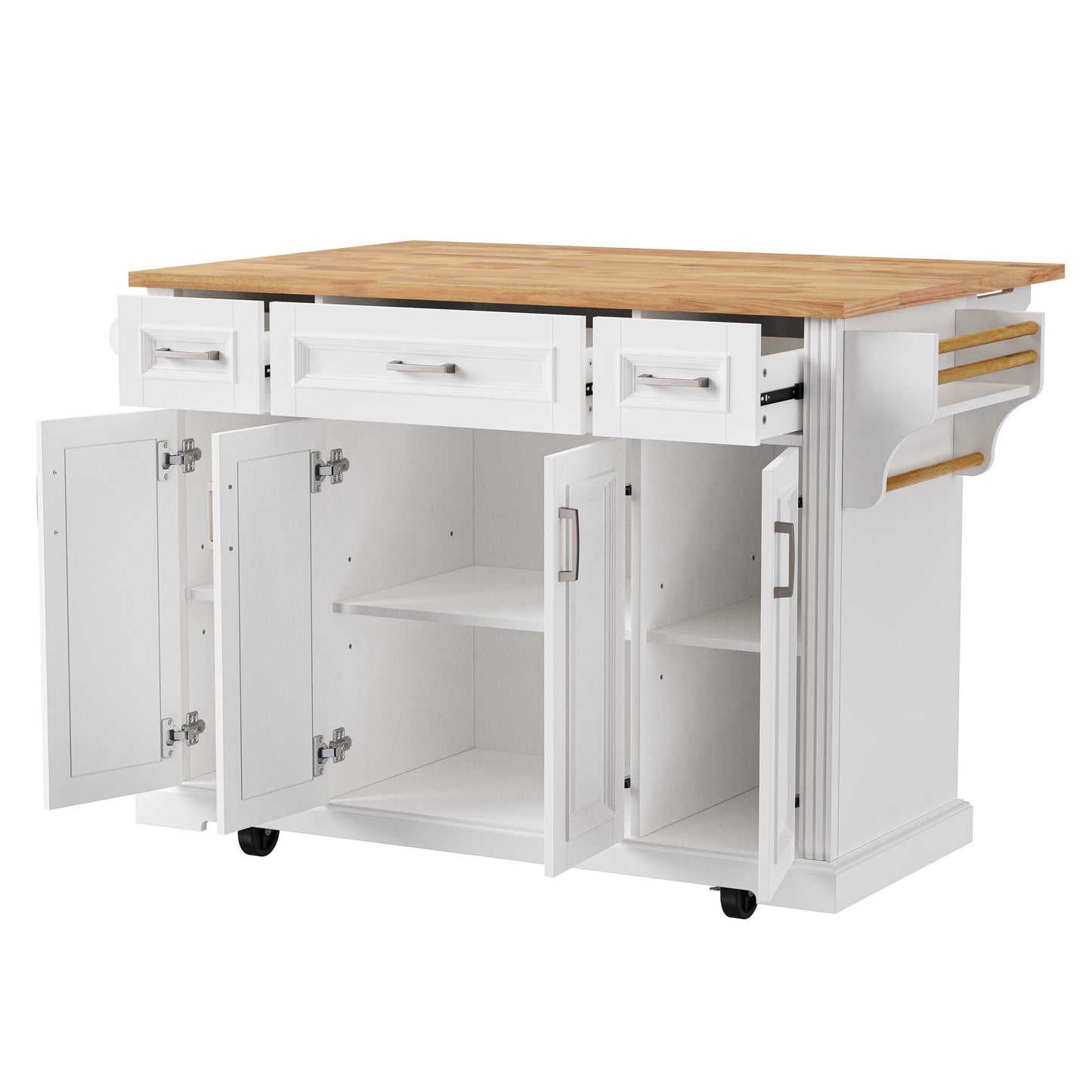 K&K 54-Inch Kitchen Island with Rubber Wood Drop Leaf, white base, natural wood top on Tampa Home & Garden Store