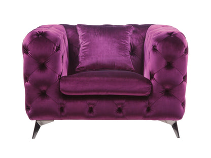 Atronia arm chair in purple velvet with tufted upholstery and a matching square pillow on Tampa Home & Garden Store
