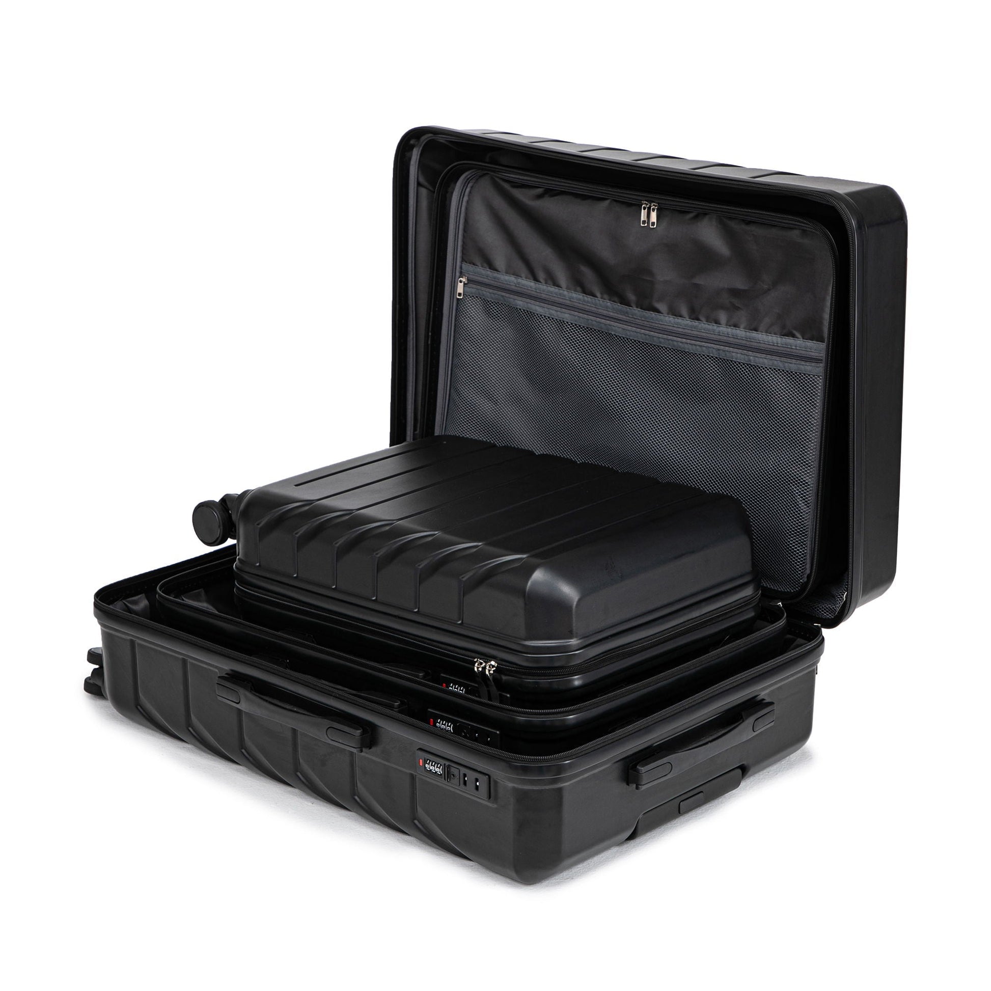 3-piece spinner luggage set in black with inner zip pockets and mesh panel on Tampa Home & Garden Store