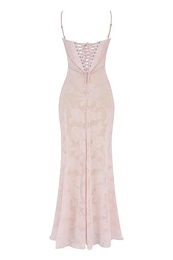 Pink floral lace long dress with spaghetti straps and corset lace-up back on Tampa Home & Garden Store