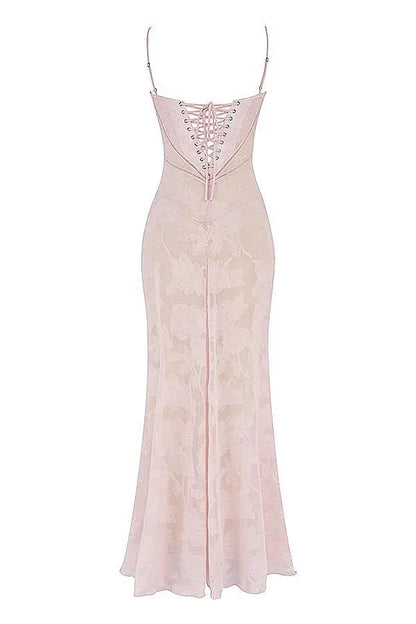 Pink floral lace long dress with spaghetti straps and corset lace-up back on Tampa Home & Garden Store