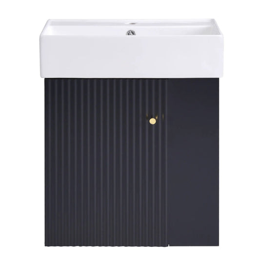Floating bathroom vanity with ceramic basin white sink on black ribbed cabinet on Tampa Home & Garden Store
