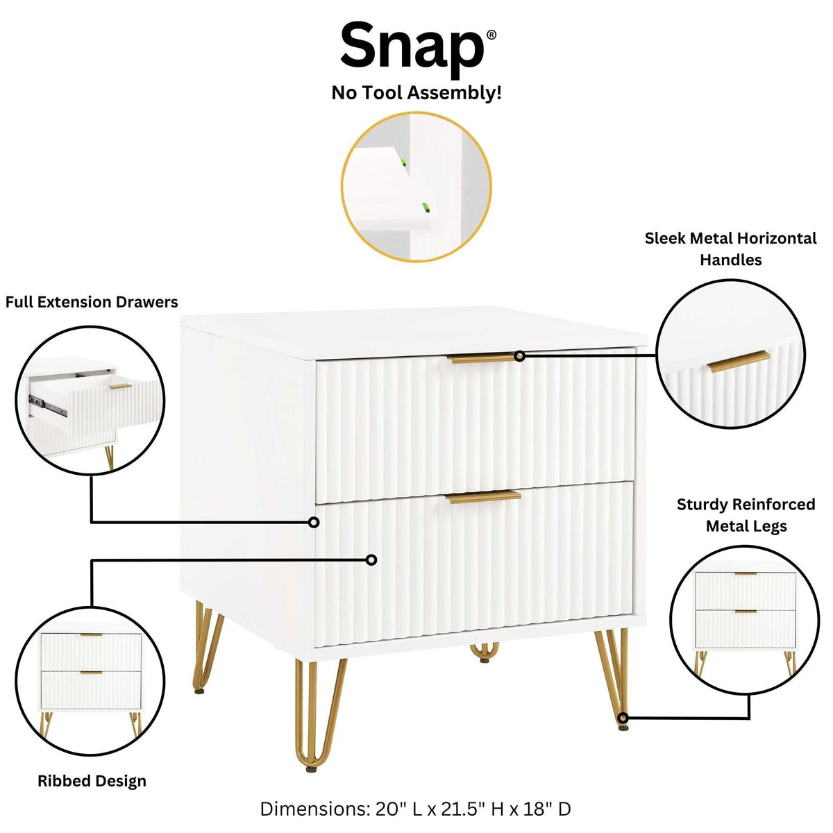 Dumbo Nightstand with 2 ribbed flute drawers, white finish, gold metal legs HouseOfZazla on Tampa Home & Garden Store