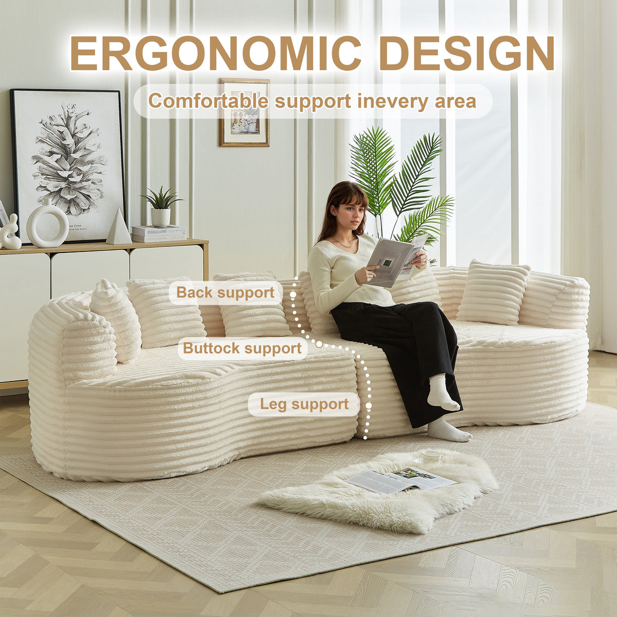Curved sectional sofa 111.5-inch, ivory upholstery by HouseOfZazla in a modern living room on Tampa Home & Garden Store