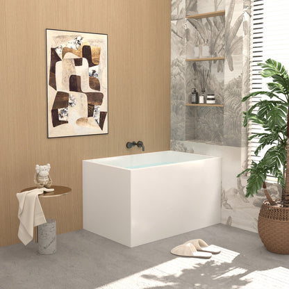 Modern Glossy White Freestanding Acrylic Bathtub in a warm wood bathroom with shelves on Tampa Home & Garden Store