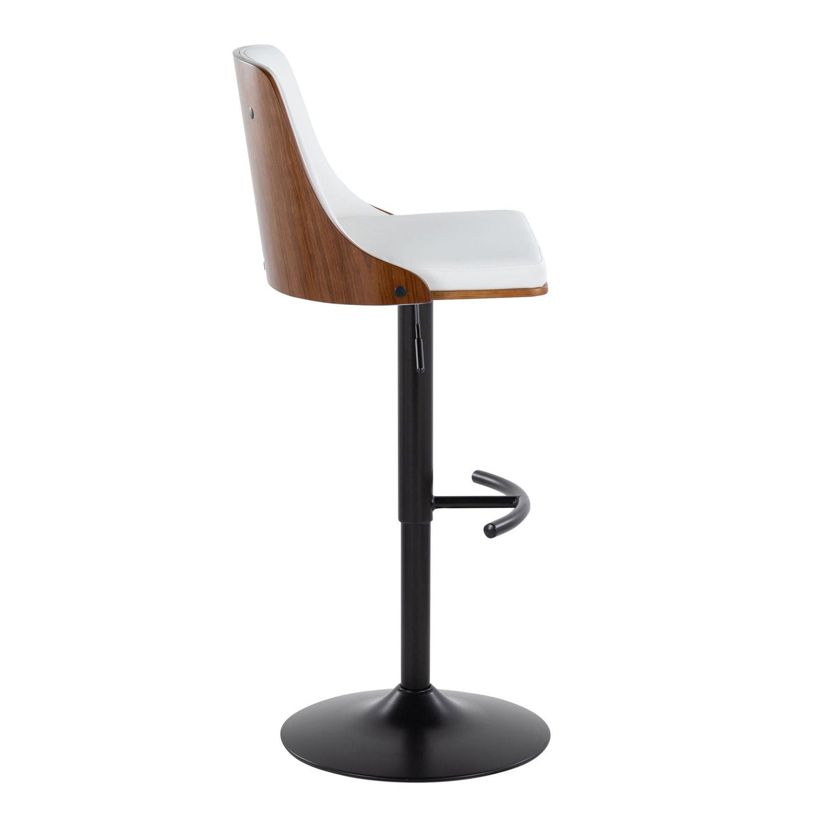 Mid Century Modern adjustable barstool upholstered seat wood shell swivel black pedestal on Tampa Home & Garden Store