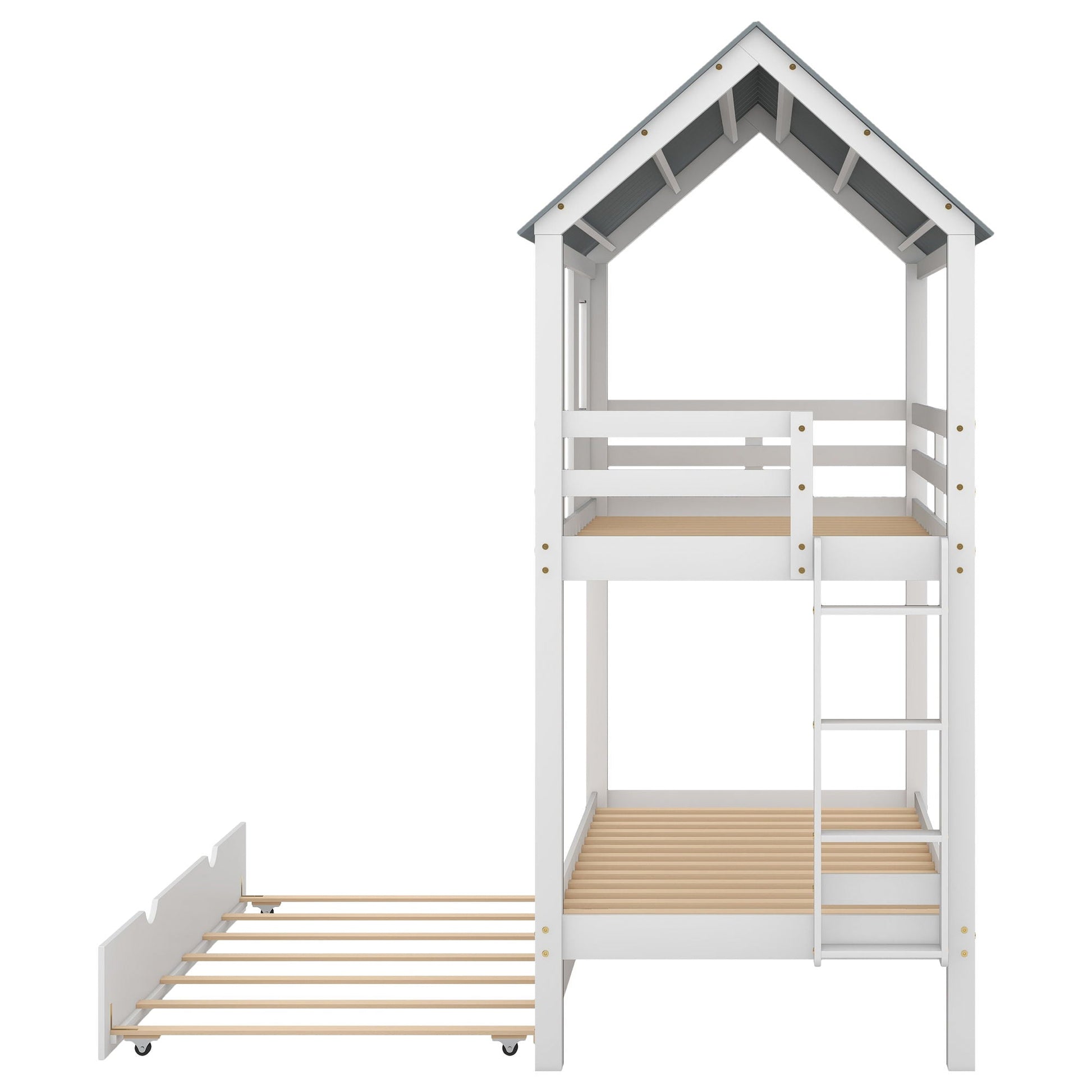 Twin size house bunk bed with trundle in white and gray roofed frame with wood slat base on Tampa Home & Garden Store