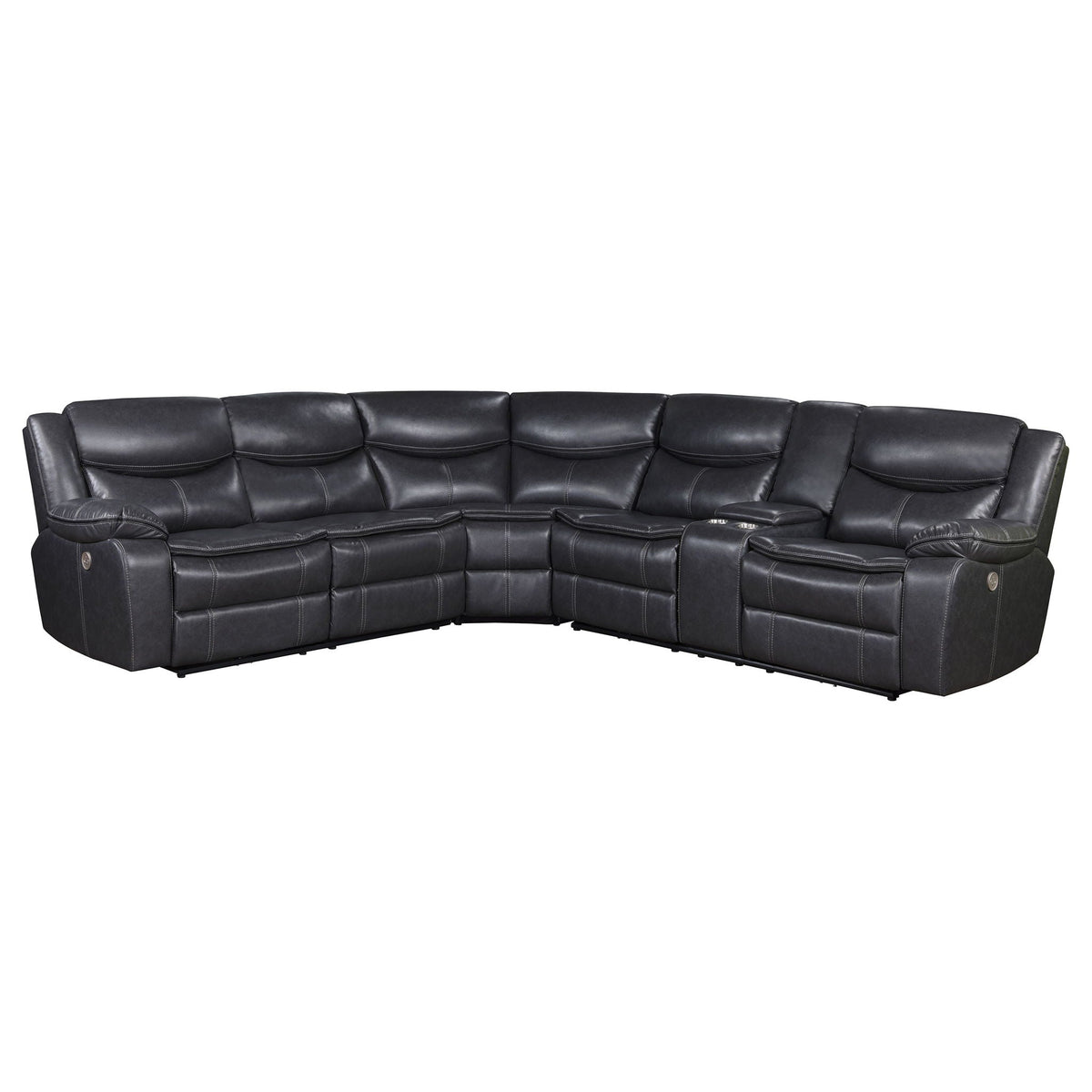 Salerno power reclining sectional sofa dark gray leather with stitched cushions on Tampa Home & Garden Store