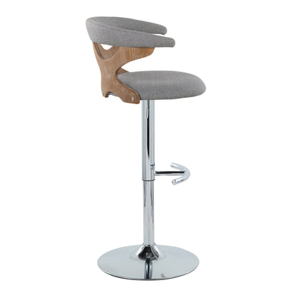 Modern adjustable barstool with swivel gray cushions on a curved wood frame and chrome pedestal on Tampa Home & Garden Store