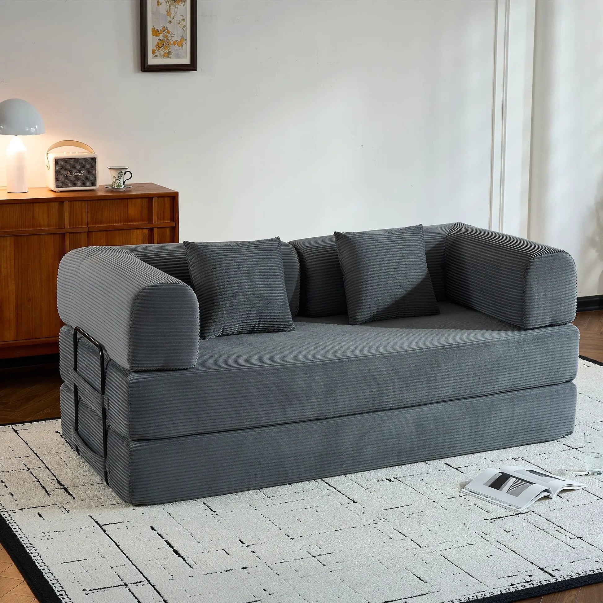 Convertible Sleeper Sofa Bed in gray ribbed fabric with fixed frame and multiple cushions on Tampa Home & Garden Store