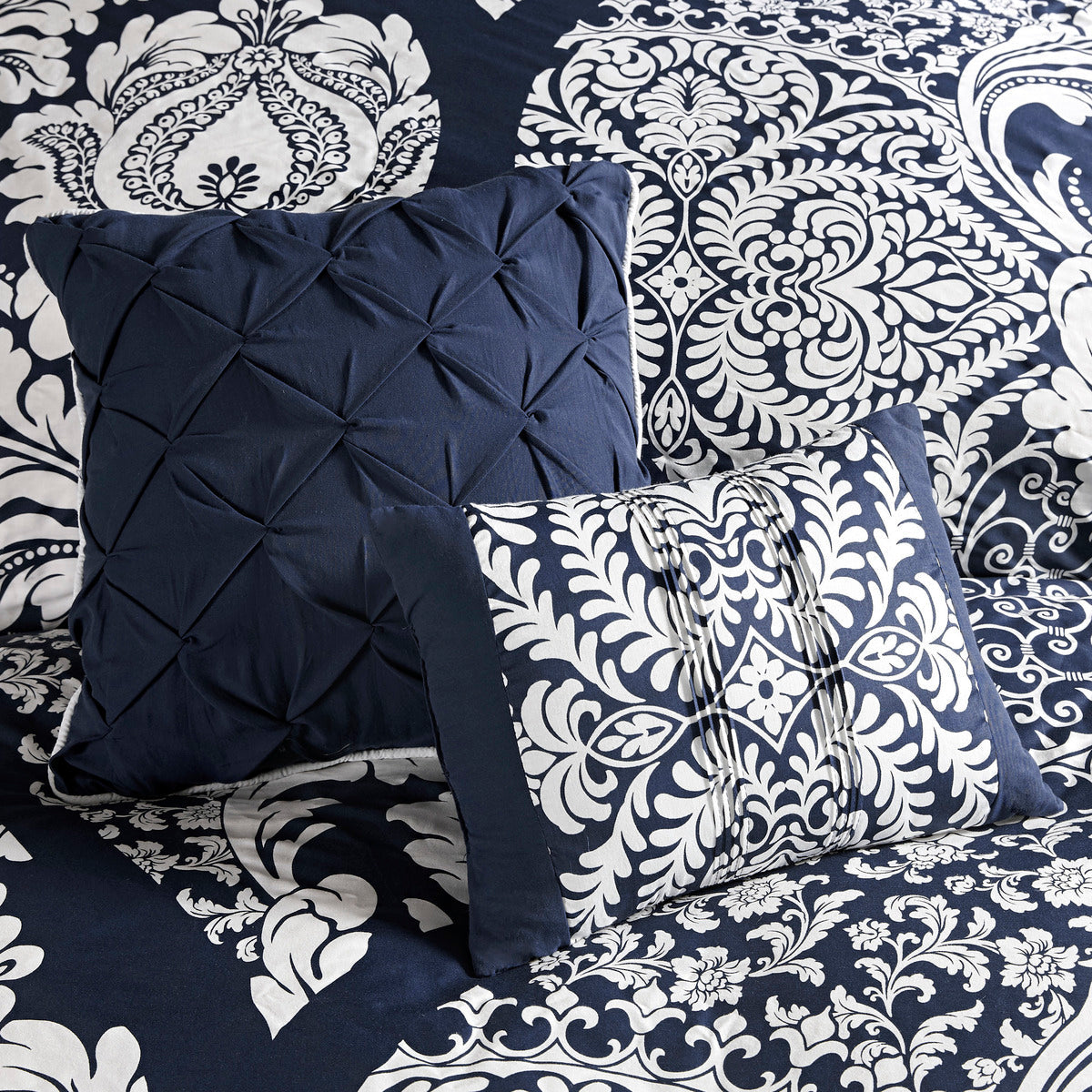 Cal King Indigo Cotton Printed Comforter Set HouseOfZazla with quilted navy pillow on Tampa Home & Garden Store