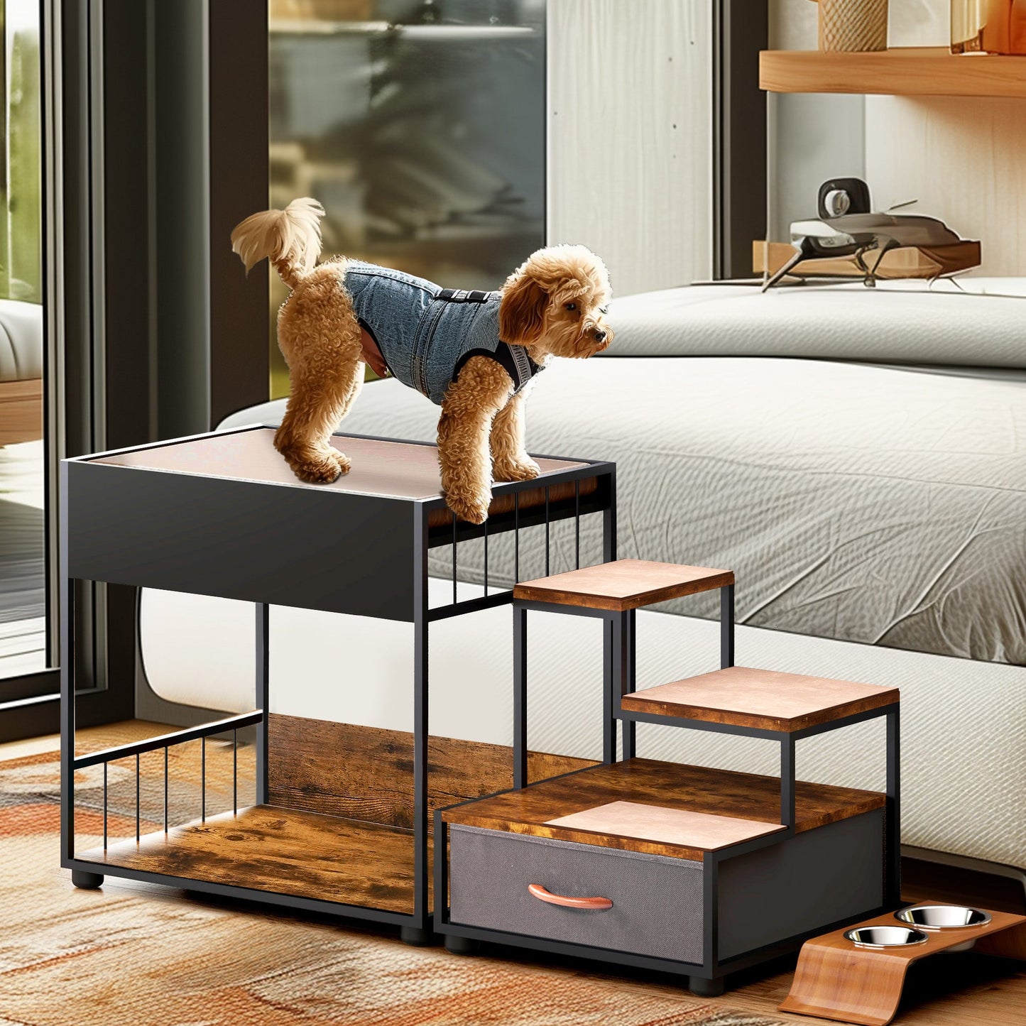 Pet Step Window Perch for Dogs by HouseOfZazla; black metal frame with wood steps on Tampa Home & Garden Store