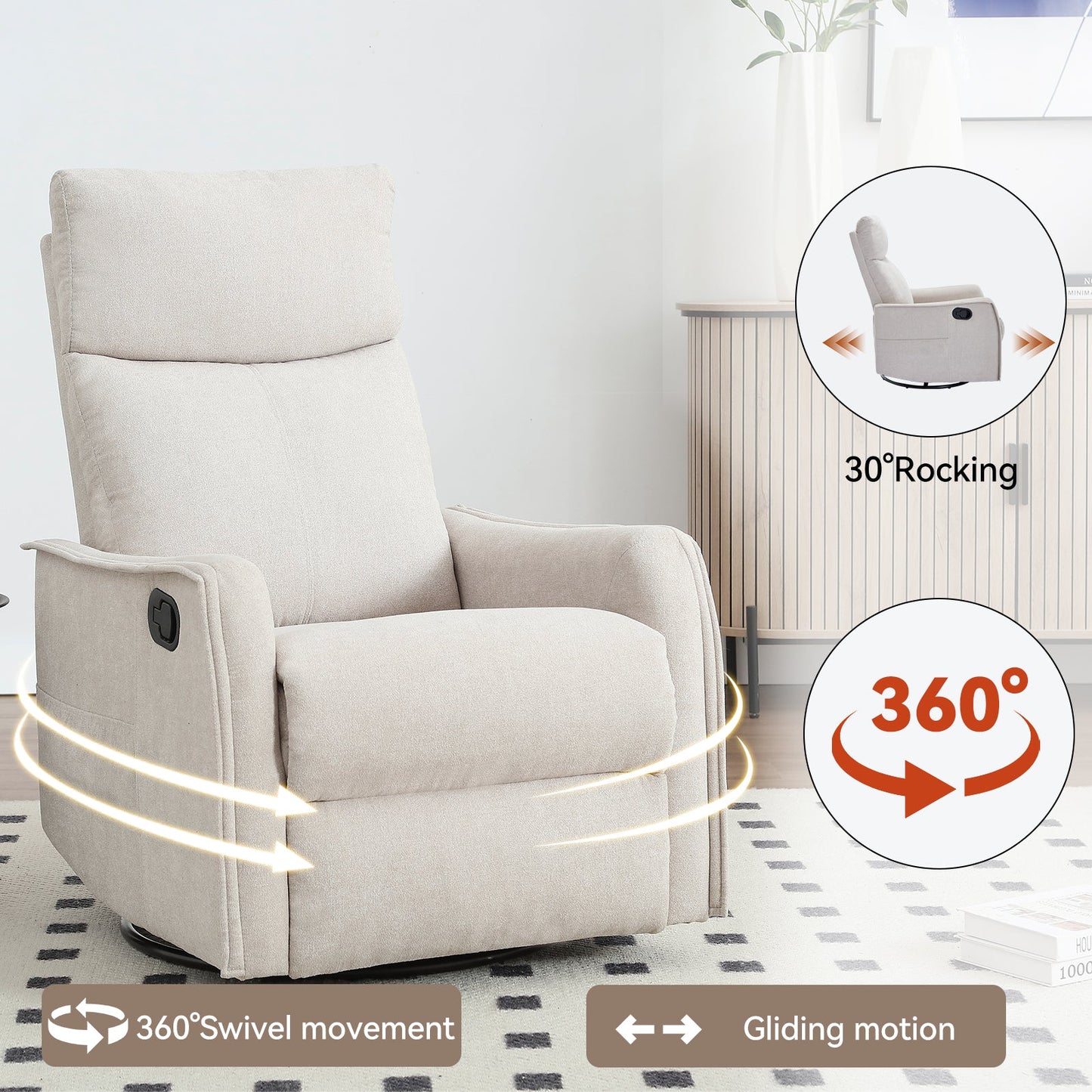 Heat Massage Manual Recliner Chair with Rocker and Swivel in beige fabric by HouseOfZazla on Tampa Home & Garden Store