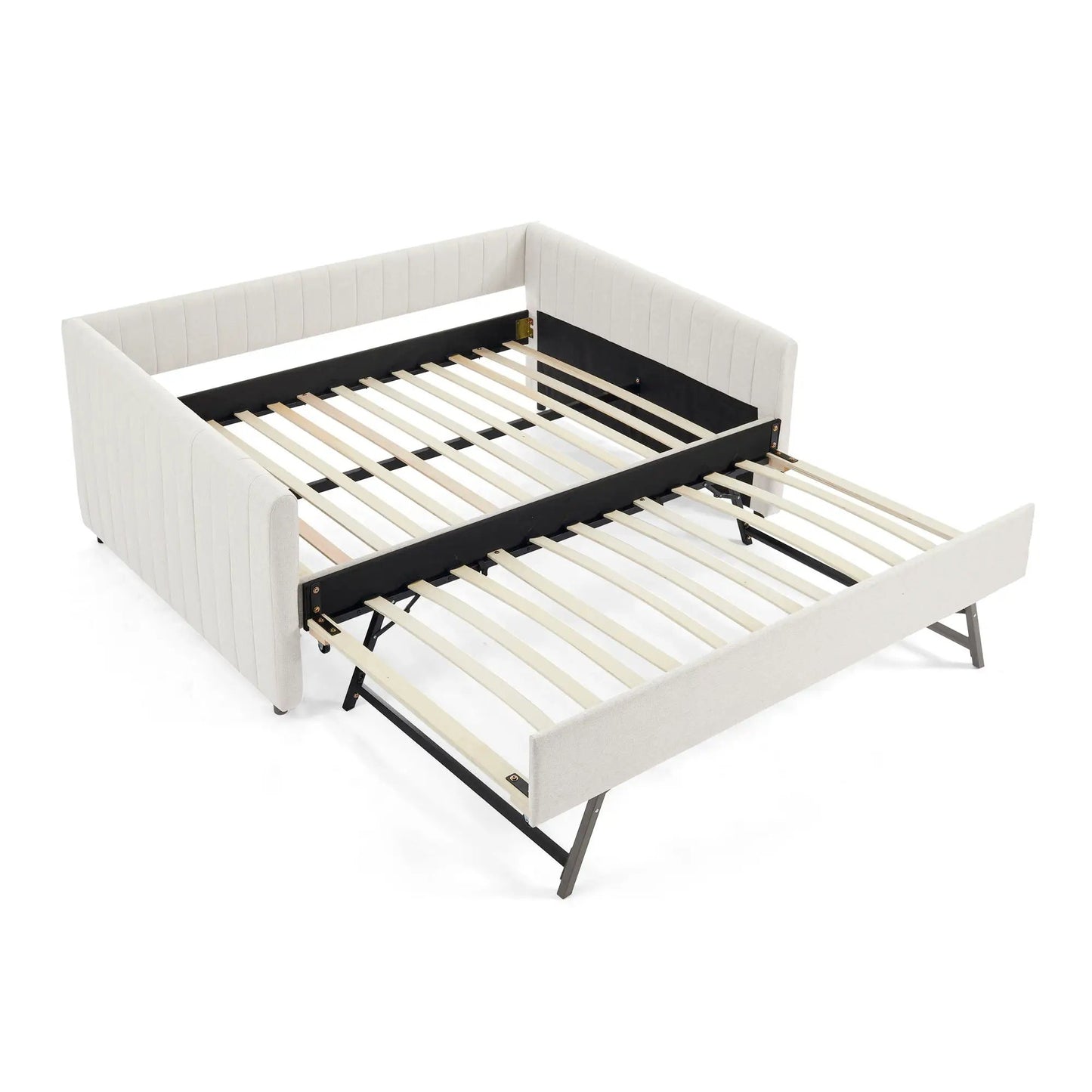 Upholstered daybed with trundle, white vertical striped fabric, black metal frame with slats on Tampa Home & Garden Store