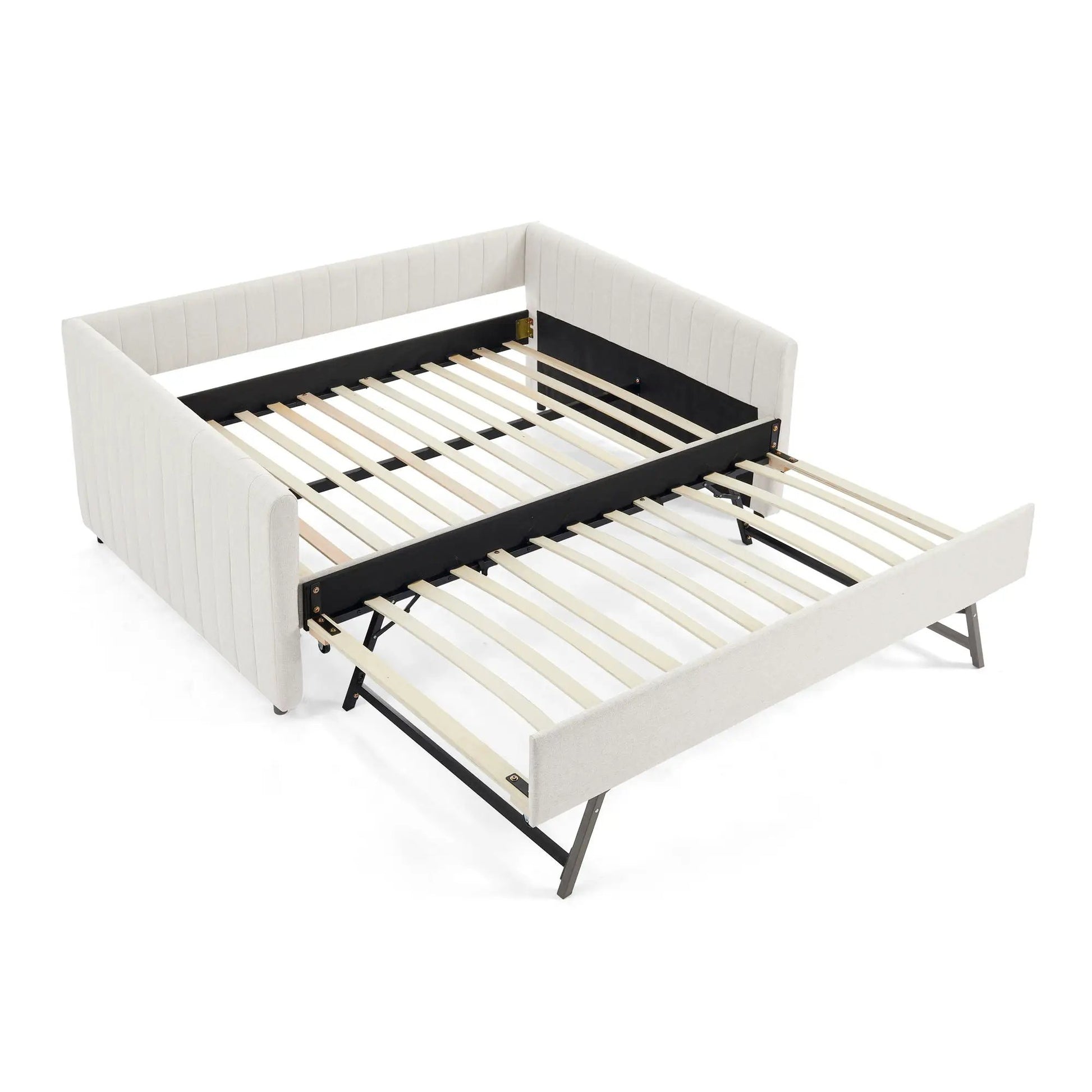 Upholstered daybed with trundle, white vertical striped fabric, black metal frame with slats on Tampa Home & Garden Store