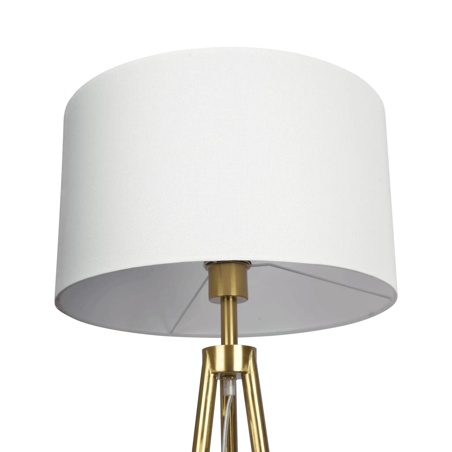 Sway floor lamp with white fabric shade and triple gold legs, on/off switch on Tampa Home & Garden Store