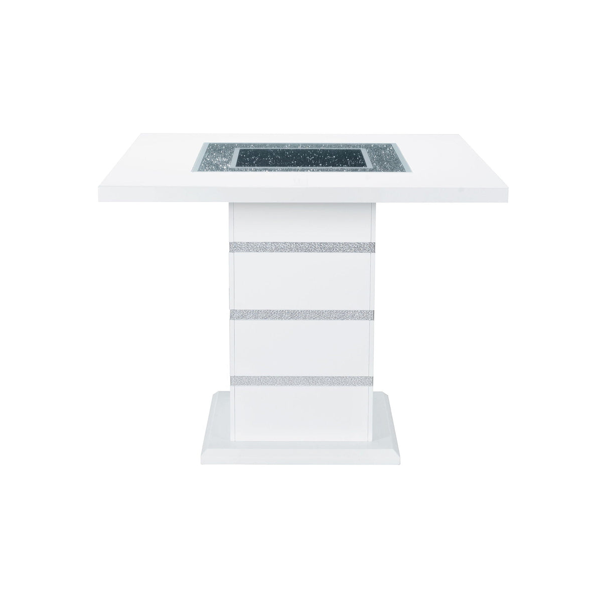 Ariya bar table with glass inlay in white finish and glitter accents on the base on Tampa Home & Garden Store