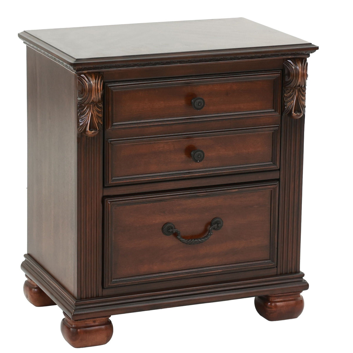 3-drawer nightstand in traditional dark wood with carved columns and bun feet on Tampa Home & Garden Store