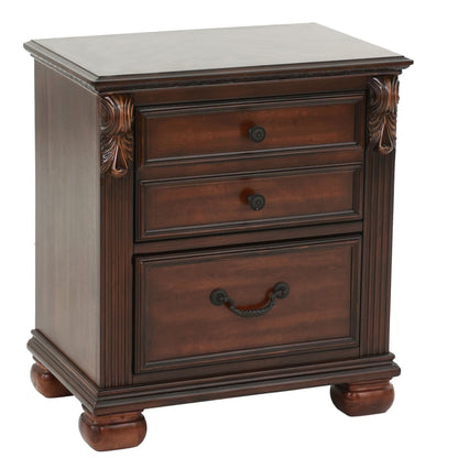 3-drawer nightstand in traditional dark wood with carved columns and bun feet on Tampa Home & Garden Store