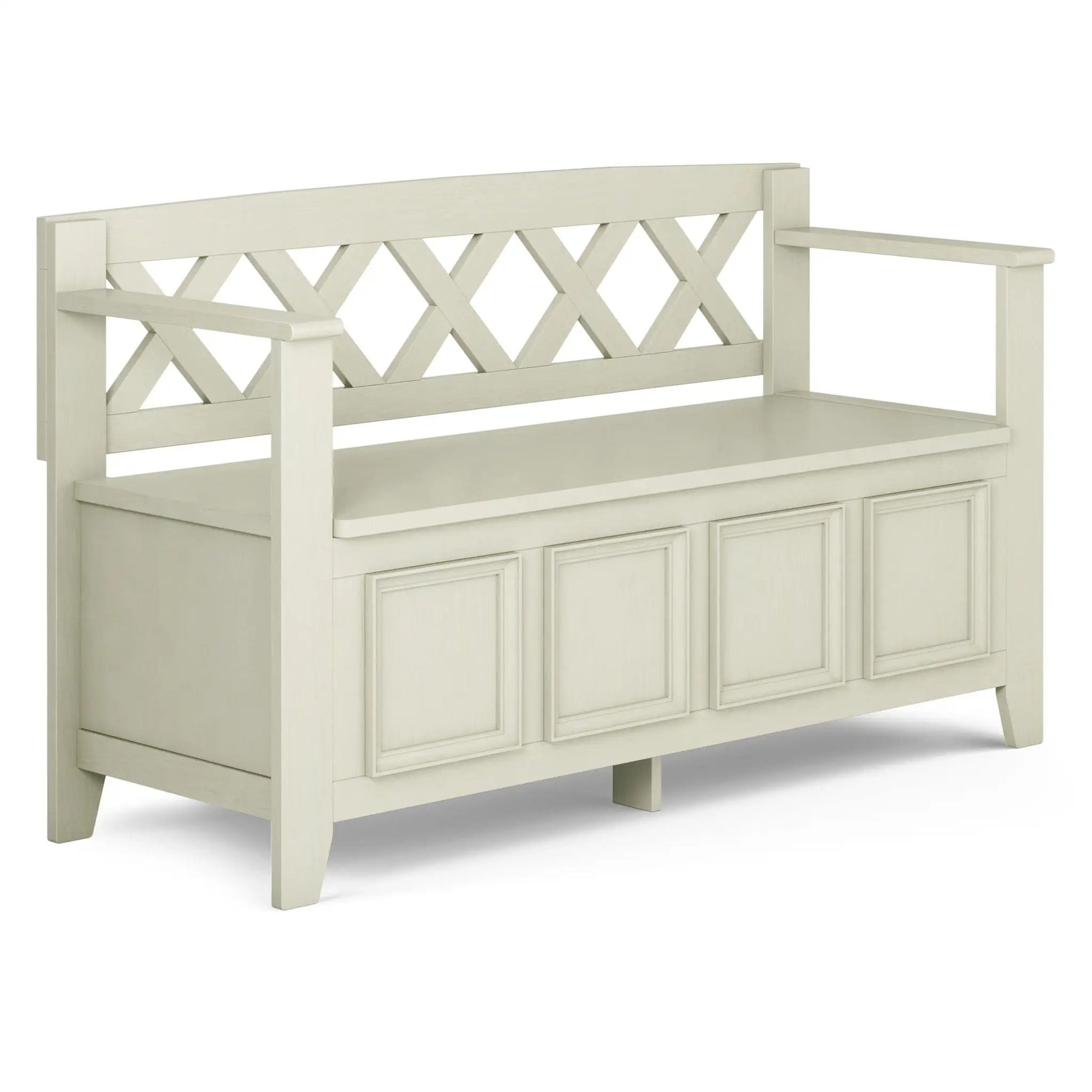 Amherst Handcrafted Entryway Storage Bench ivory finish with lattice back cabinet base on Tampa Home & Garden Store