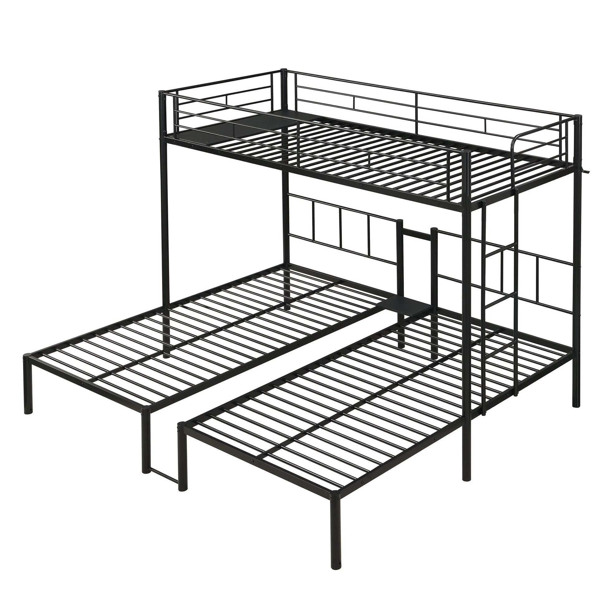 Triple twin bunk bed frame in black metal with safety rails and storage shelf by HouseOfZazla on Tampa Home & Garden Store