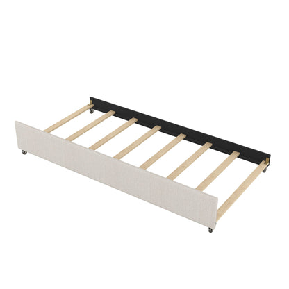 Queen platform bed frame with beige upholstered headboard, black rails, light wood slats on Tampa Home & Garden Store