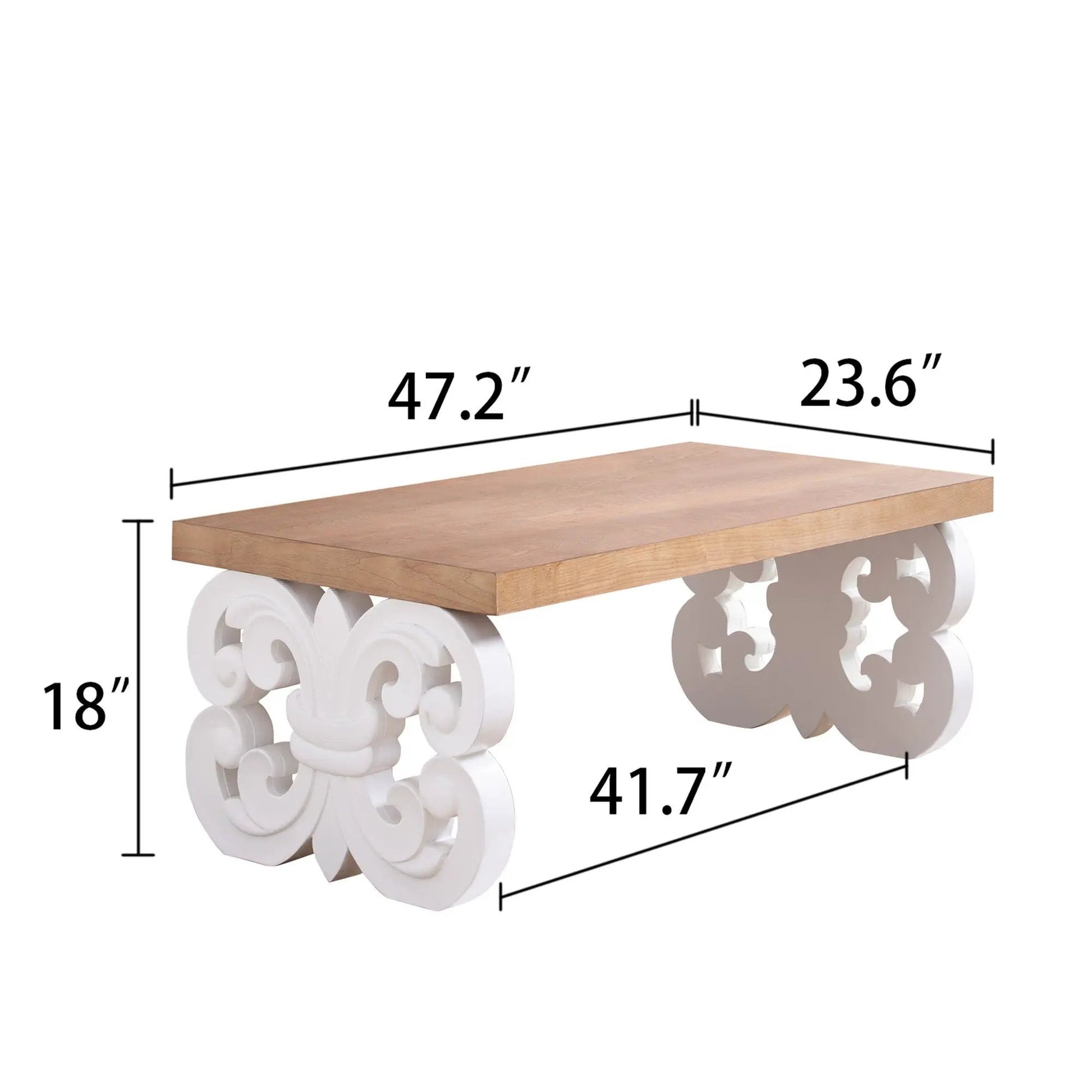 Ornate Scroll Coffee Table with wood top and white carved scroll legs by Unique Piece Furniture on Tampa Home & Garden Store