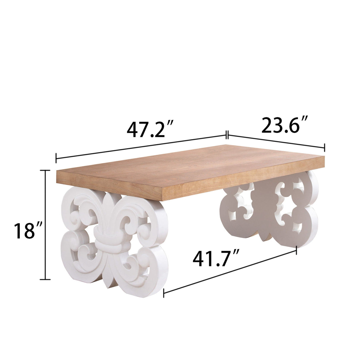 Ornate scroll-base coffee table with rectangular natural wood top on Tampa Home & Garden Store