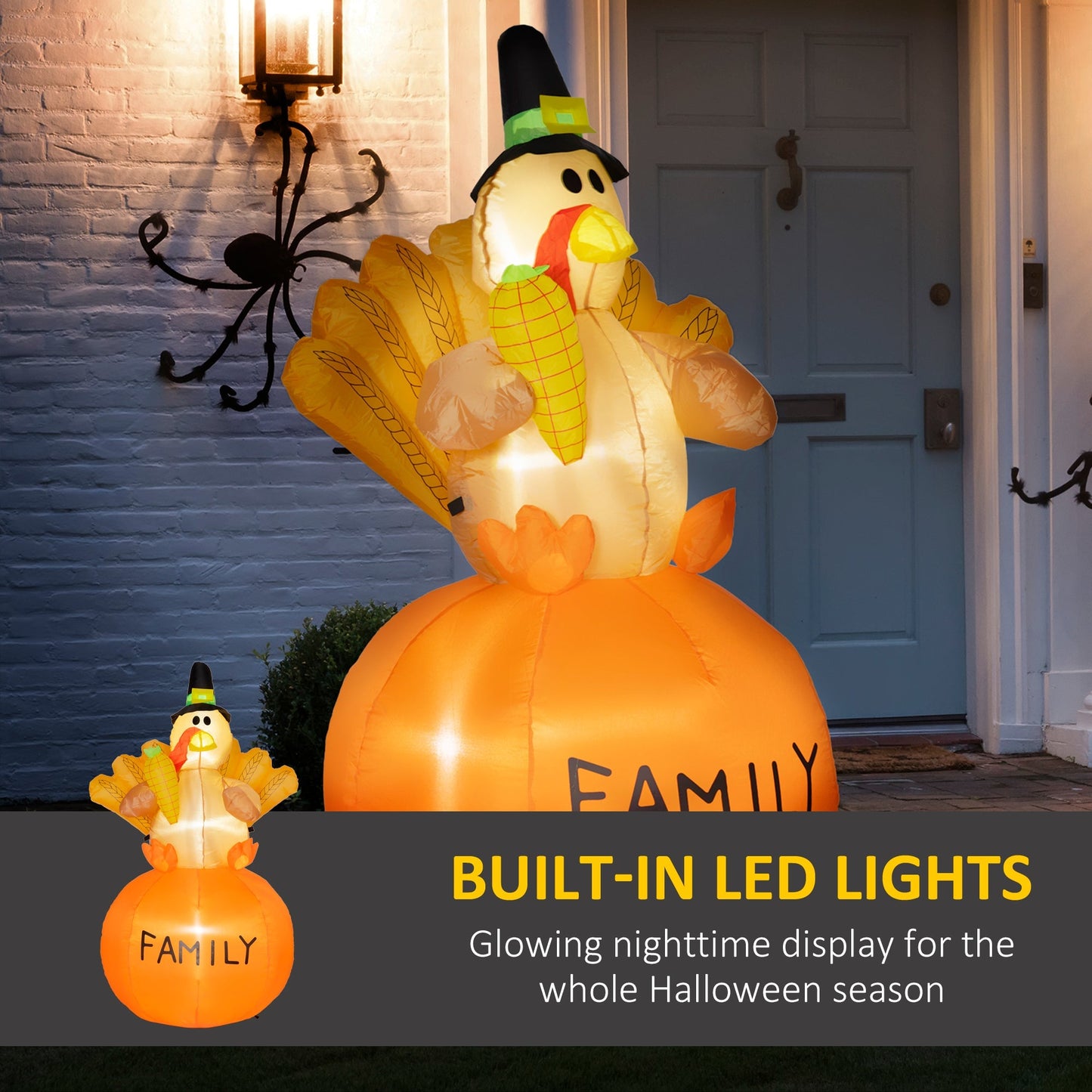 Inflatable Thanksgiving turkey LED display for garden, orange with pilgrim hat and LED lights on Tampa Home & Garden Store